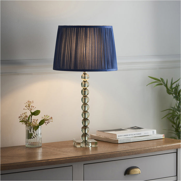 Grey Green Tinted Crystal Glass Table Lamp - Midnight Blue Silk Shade - 595mm Tall Light - 7W LED E14