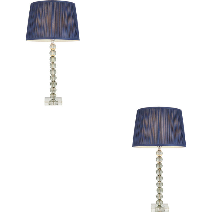 2 PACK Grey Green Tinted Crystal Glass Table Lamp - Midnight Blue Silk Shade - 595mm Tall Light - 7W LED E14