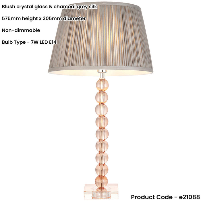 Blush Crystal Glass Table Lamp - Charcoal Grey Silk Shade - 575mm Tall Light - 7W LED E14