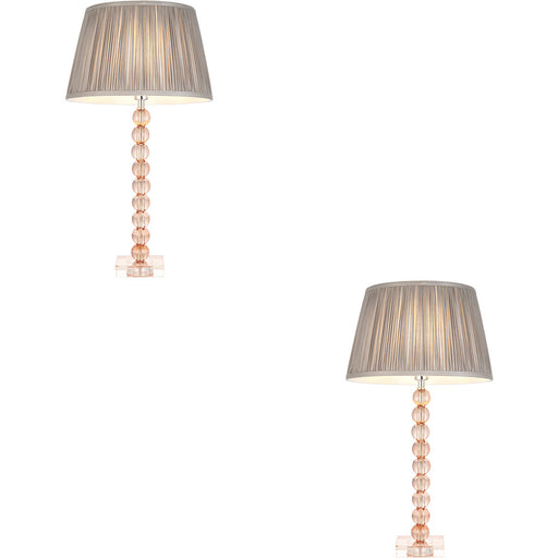 2 PACK Blush Crystal Glass Table Lamp - Charcoal Grey Silk Shade - 575mm Tall Light - 7W LED E14