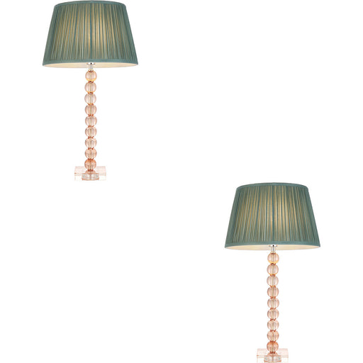 2 PACK Blush Crystal Glass Table Lamp - Fir Silk Shade - 575mm Tall Light - 7W LED E14