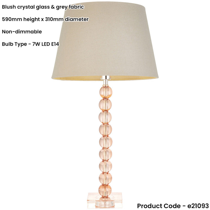 Blush Crystal Glass Table Lamp - Grey Fabric Shade - 590mm Tall Light - 7W LED E14