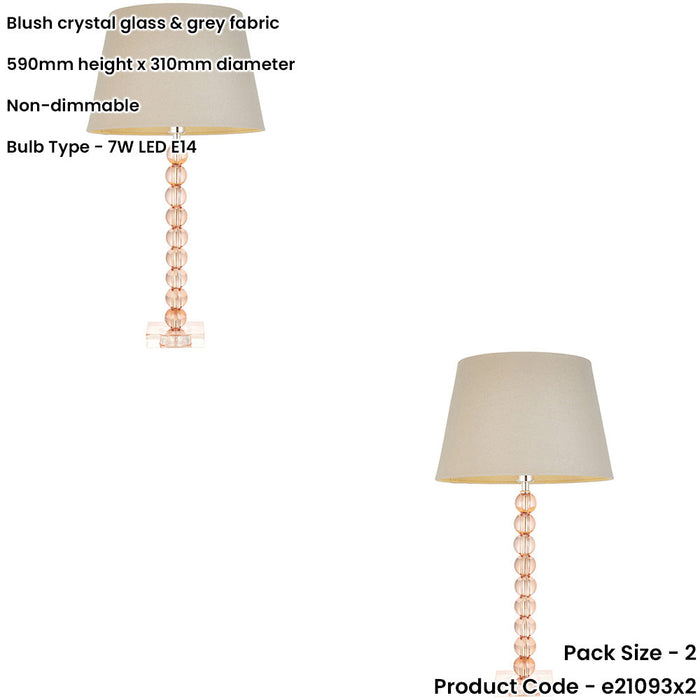 2 PACK Blush Crystal Glass Table Lamp - Grey Fabric Shade - 590mm Tall Light - 7W LED E14