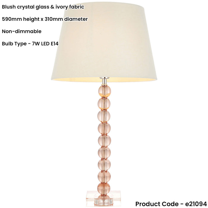 Blush Crystal Glass Table Lamp - Ivory Fabric Shade - 590mm Tall Light - 7W LED E14