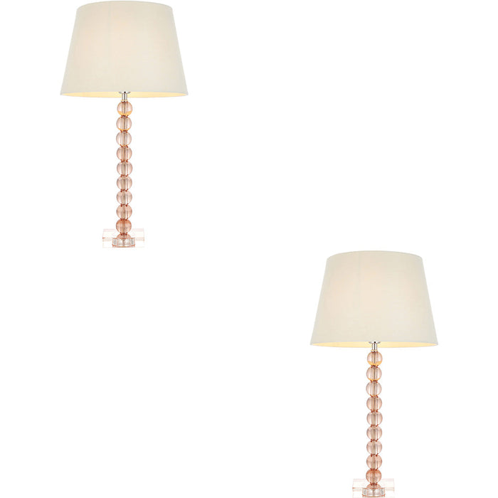 2 PACK Blush Crystal Glass Table Lamp - Ivory Fabric Shade - 590mm Tall Light - 7W LED E14