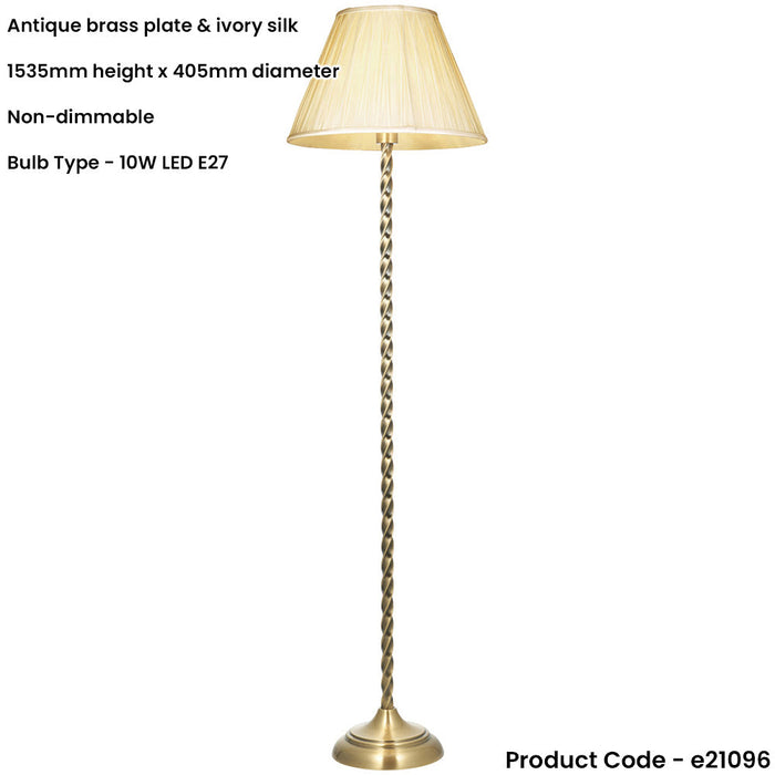 1535mm Floor Lamp - Antique Brass & Ivory Silk Classic Twisted Stem - Standing LED Light Base & Shade