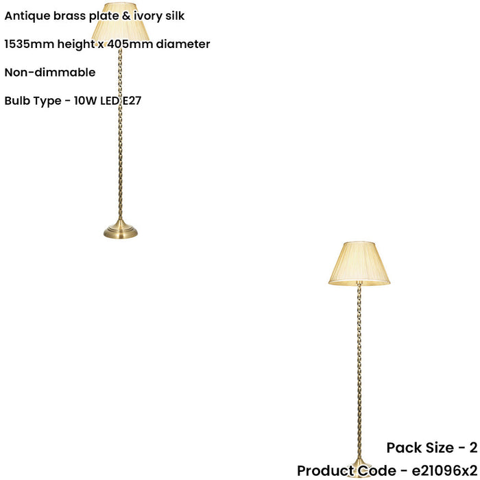 2 PACK 1535mm Floor Lamp - Antique Brass & Ivory Silk Classic Twisted Stem - Standing LED Light Base & Shade