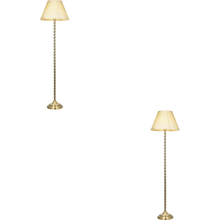 2 PACK 1535mm Floor Lamp - Antique Brass & Ivory Silk Classic Twisted Stem - Standing LED Light Base & Shade