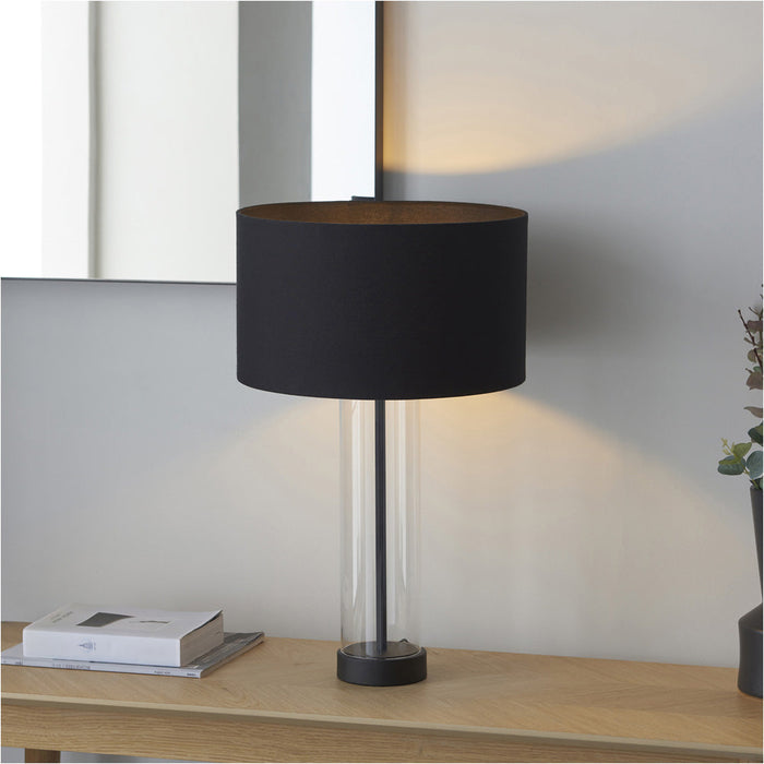 Matt Black & Clear Glass Dimmable Table Lamp - Black Cotton Fabric Shade - 570mm Tall Light - 10W LED E27