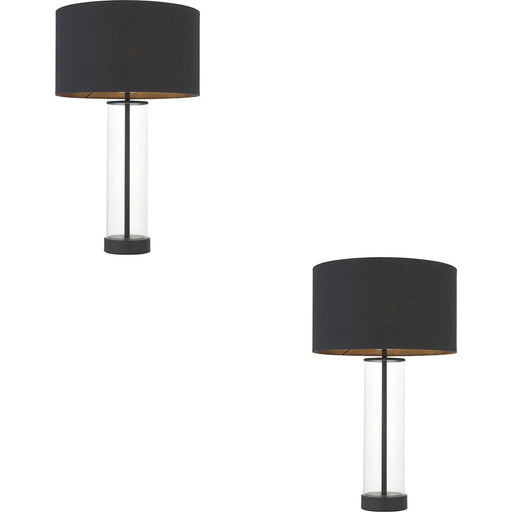 2 PACK Matt Black & Clear Glass Dimmable Table Lamp - Black Cotton Fabric Shade - 570mm Tall Light - 10W LED E27