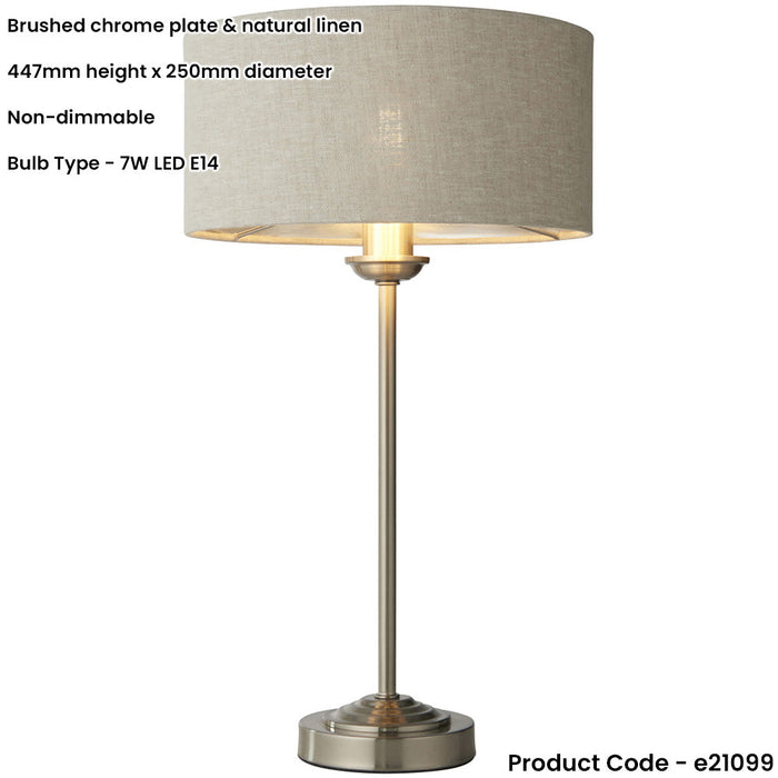 Brushed Chrome Plate Table Lamp - Natural Linen Shade - 447mm Tall Light - 7W LED E14