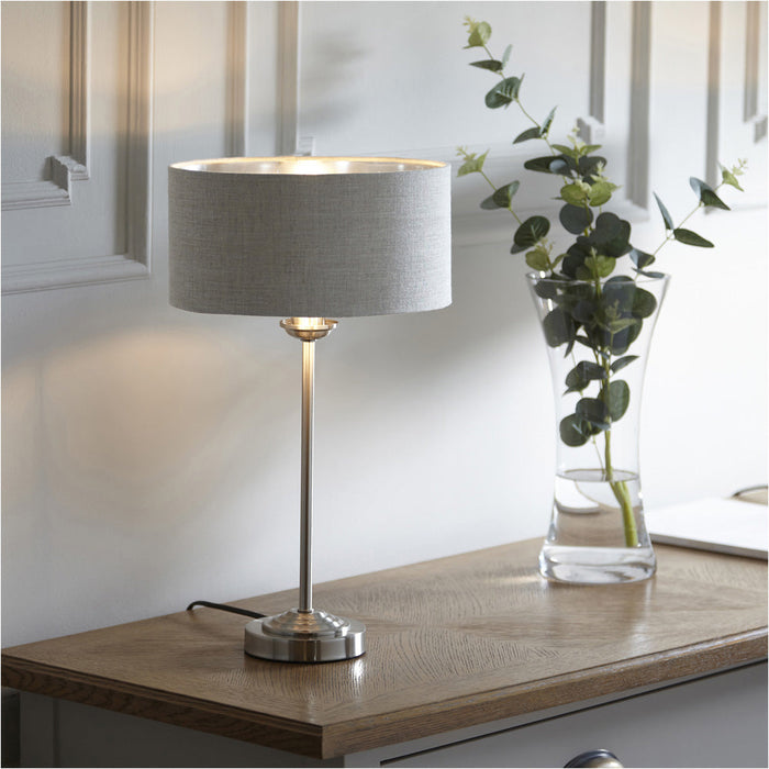 2 PACK Brushed Chrome Plate Table Lamp - Natural Linen Shade - 447mm Tall Light - 7W LED E14