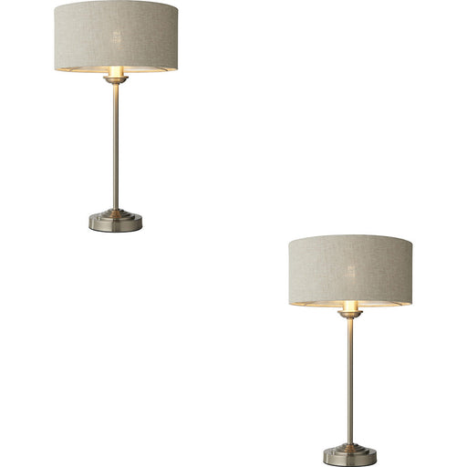 2 PACK Brushed Chrome Plate Table Lamp - Natural Linen Shade - 447mm Tall Light - 7W LED E14