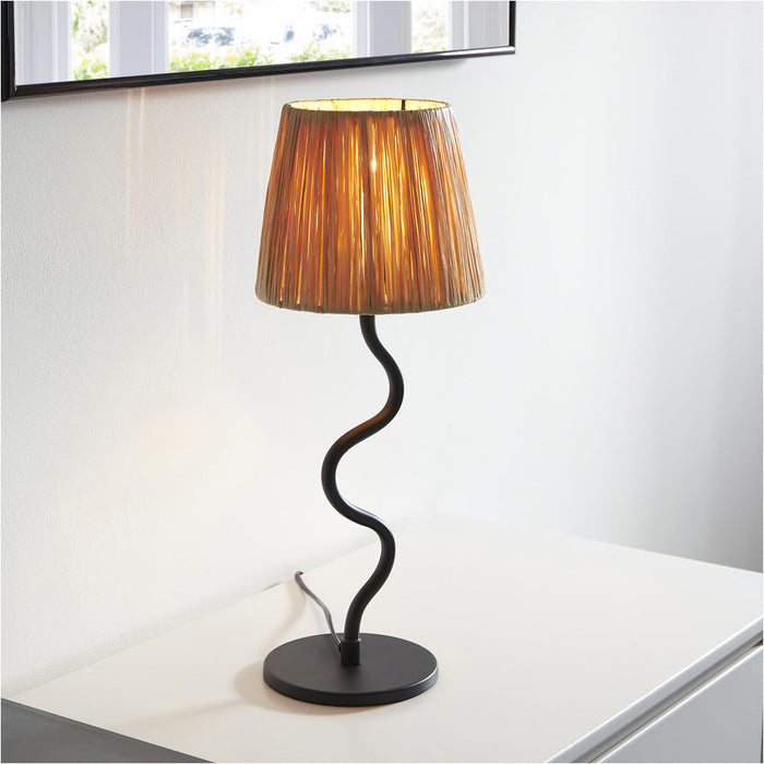 Matt Black Table Lamp - Natural Raffia Shade - 457mm Tall Light - 7W LED E14