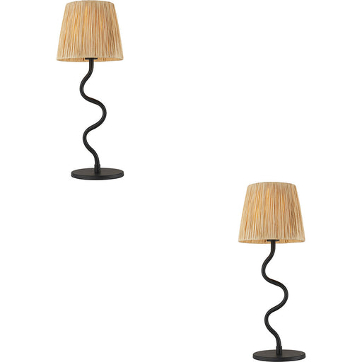 2 PACK Matt Black Table Lamp - Natural Raffia Shade - 457mm Tall Light - 7W LED E14