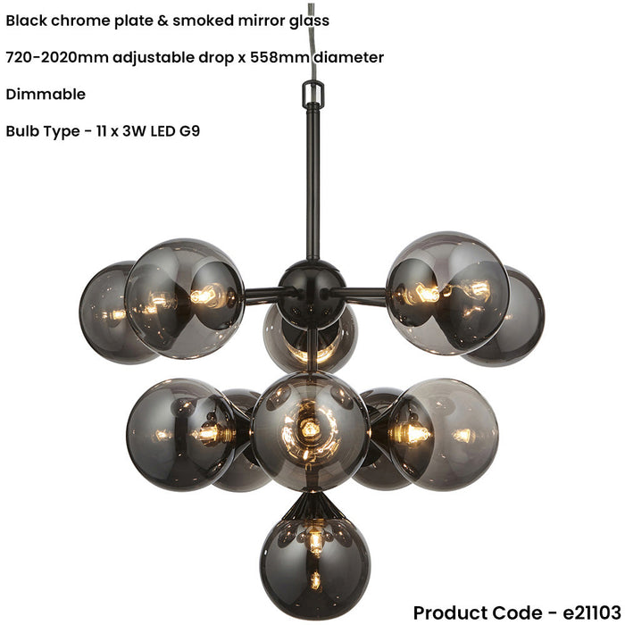 Multi Arm Hanging Ceiling Pendant Light - Black Chrome Plate & Smoked Mirror Glass - 11 X 3W LED G9