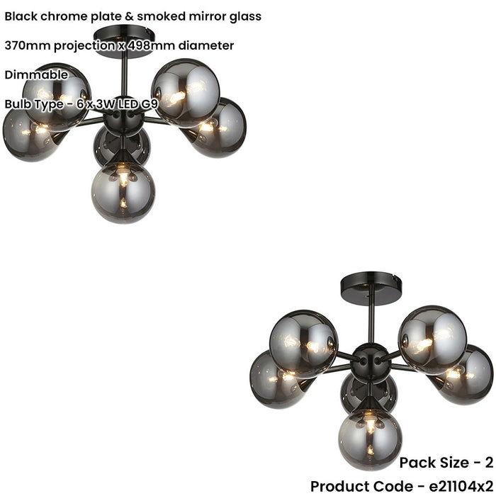 2 PACK Black Chrome Semi Flush Low Ceiling Light - Smoked Mirror Multi Arm Glass - 6 X 3W LED G9