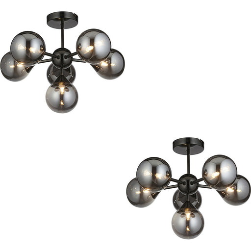 2 PACK Black Chrome Semi Flush Low Ceiling Light - Smoked Mirror Multi Arm Glass - 6 X 3W LED G9