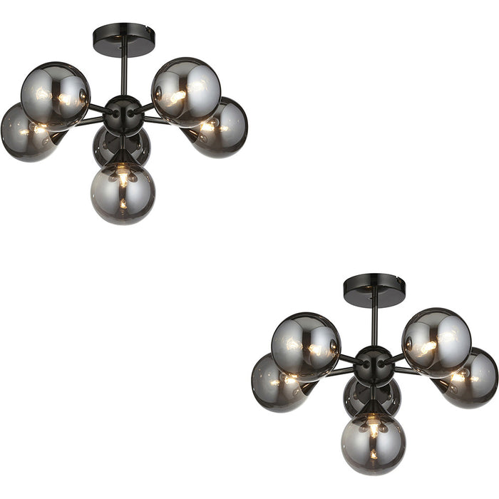 2 PACK Black Chrome Semi Flush Low Ceiling Light - Smoked Mirror Multi Arm Glass - 6 X 3W LED G9