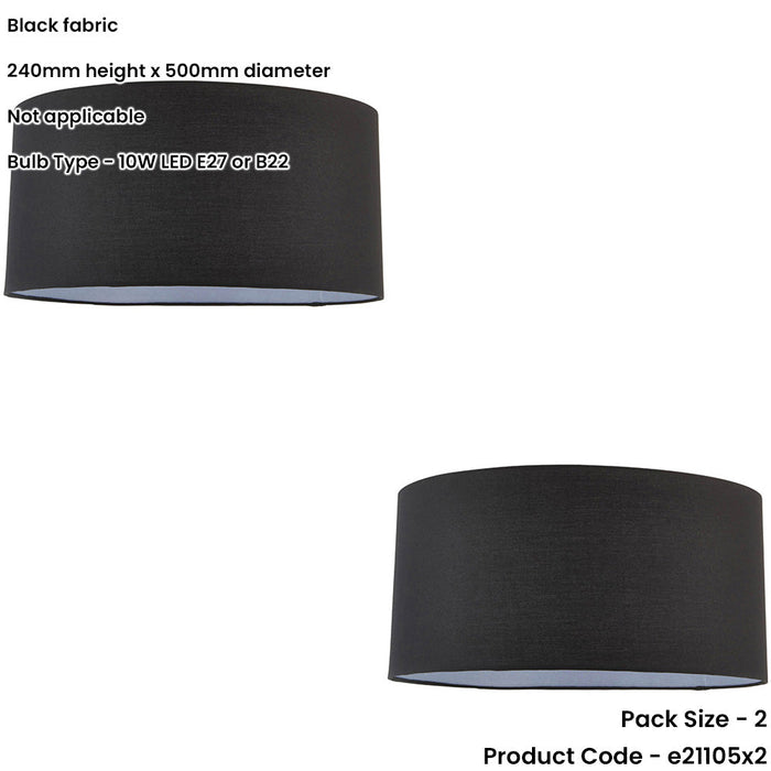 2 PACK 20" Cylinder Lamp Shade - Black Cotton Rolled Edge Fabric Cover - Table Light