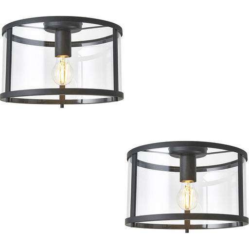 2 PACK Semi Flush Low Ceiling Light - Matt Black & Clear Glass - 10W Max LED E27