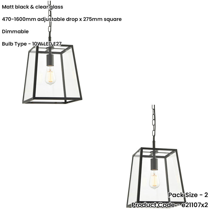 2 PACK Hanging Ceiling Pendant Light - Matt Black & Clear Glass - 10W LED E27