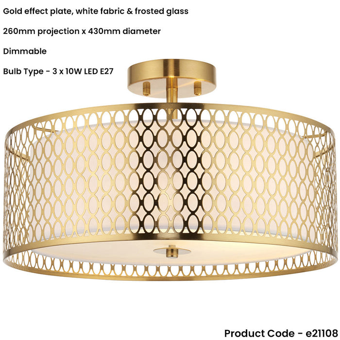 Semi Flush Low Ceiling Light - Gold Effect White Fabric & Frosted Glass - 3x 10W Max LED E27