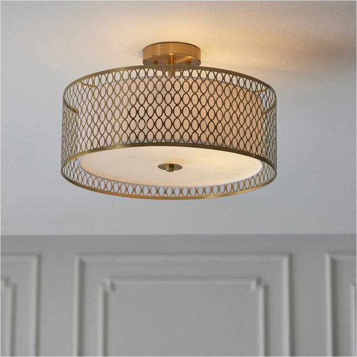 2 PACK Semi Flush Low Ceiling Light - Gold Effect White Fabric & Frosted Glass - 3x 10W Max LED E27