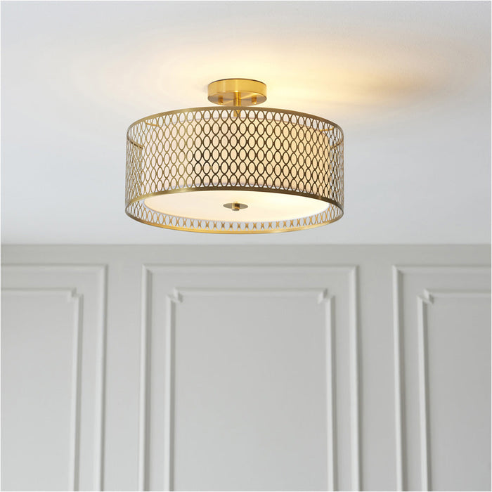 Semi Flush Low Ceiling Light - Gold Effect White Fabric & Frosted Glass - 3x 10W Max LED E27