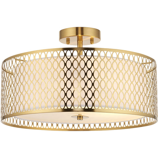 Semi Flush Low Ceiling Light - Gold Effect White Fabric & Frosted Glass - 3x 10W Max LED E27