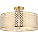 Semi Flush Low Ceiling Light - Gold Effect White Fabric & Frosted Glass - 3x 10W Max LED E27