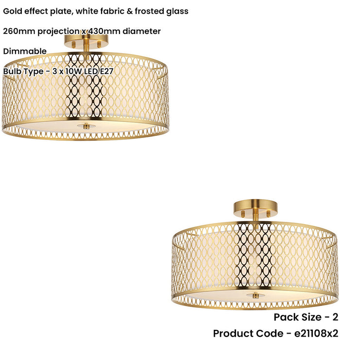 2 PACK Semi Flush Low Ceiling Light - Gold Effect White Fabric & Frosted Glass - 3x 10W Max LED E27