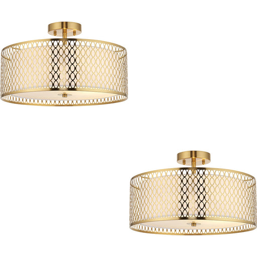 2 PACK Semi Flush Low Ceiling Light - Gold Effect White Fabric & Frosted Glass - 3x 10W Max LED E27