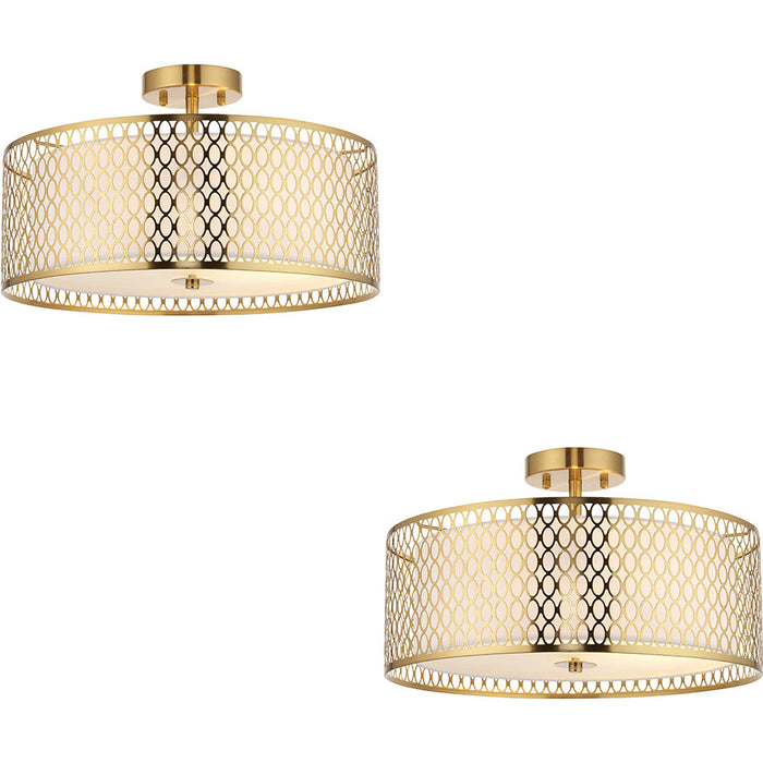 2 PACK Semi Flush Low Ceiling Light - Gold Effect White Fabric & Frosted Glass - 3x 10W Max LED E27