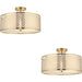 2 PACK Semi Flush Low Ceiling Light - Gold Effect White Fabric & Frosted Glass - 3x 10W Max LED E27