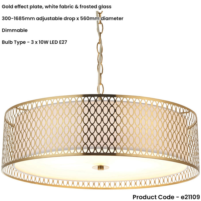 Hanging Ceiling Pendant Light - Gold Effect Plate White Fabric & Frosted Glass - 3 X 10W LED E27