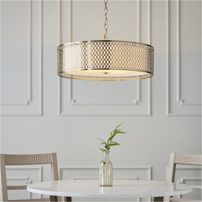 Hanging Ceiling Pendant Light - Gold Effect Plate White Fabric & Frosted Glass - 3 X 10W LED E27