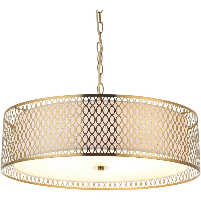 Hanging Ceiling Pendant Light - Gold Effect Plate White Fabric & Frosted Glass - 3 X 10W LED E27