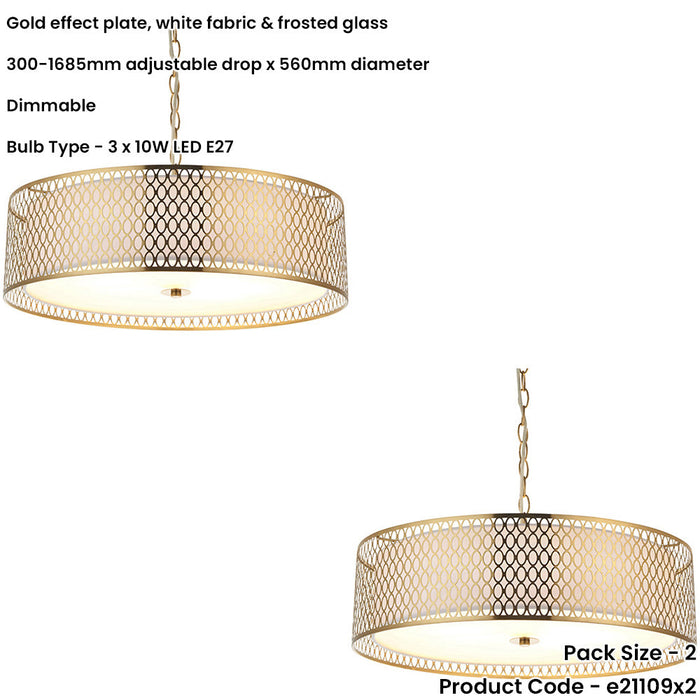 2 PACK Hanging Ceiling Pendant Light - Gold Effect Plate White Fabric & Frosted Glass - 3 X 10W LED E27