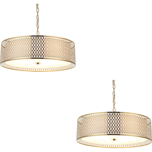 2 PACK Hanging Ceiling Pendant Light - Gold Effect Plate White Fabric & Frosted Glass - 3 X 10W LED E27