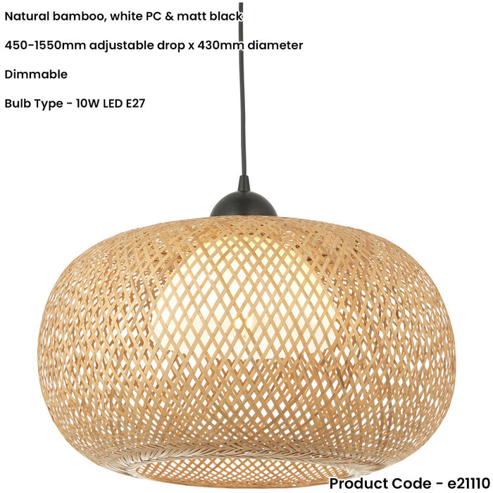 Hanging Ceiling Pendant Light - Natural Bamboo White Pc & Matt Black - 10W LED E27