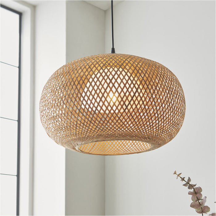 Hanging Ceiling Pendant Light - Natural Bamboo White Pc & Matt Black - 10W LED E27