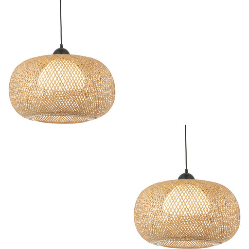 2 PACK Hanging Ceiling Pendant Light - Natural Bamboo White Pc & Matt Black - 10W LED E27