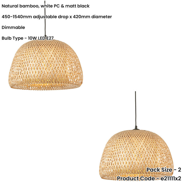 2 PACK Hanging Ceiling Pendant Light - Dome Natural Bamboo White Pc & Matt Black - 10W LED E27