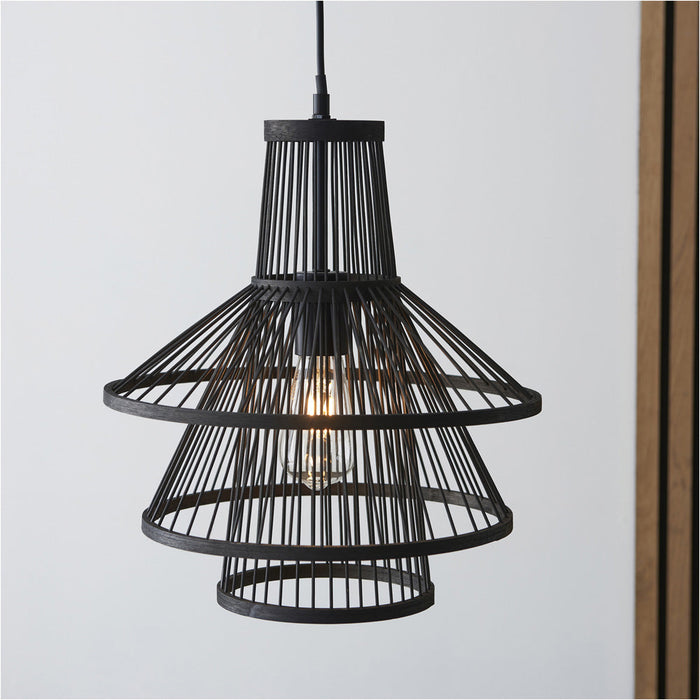 Hanging Ceiling Pendant Light - Dark Bamboo & Matt Black - 10W LED E27