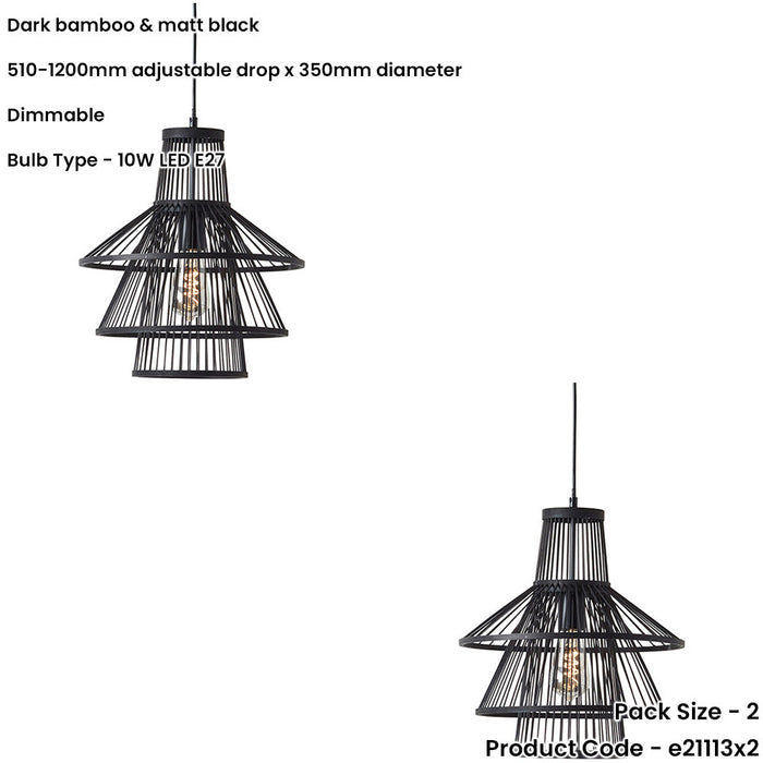 2 PACK Hanging Ceiling Pendant Light - Dark Bamboo & Matt Black - 10W LED E27