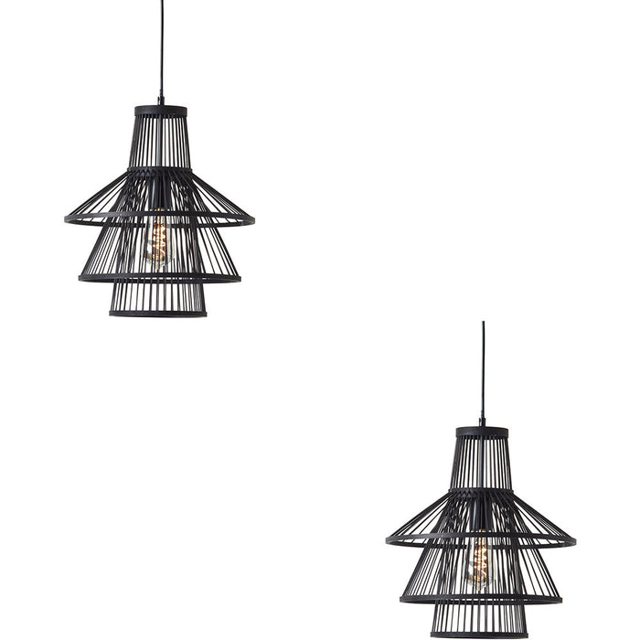 2 PACK Hanging Ceiling Pendant Light - Dark Bamboo & Matt Black - 10W LED E27