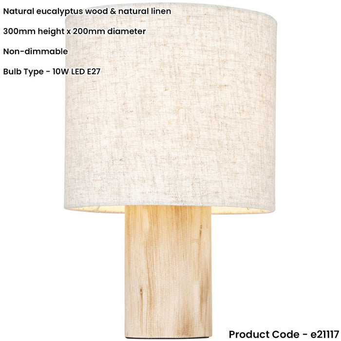 Natural Eucalyptus Wood Table Lamp - Natural Linen Shade - 300mm Tall Light - 10W LED E27