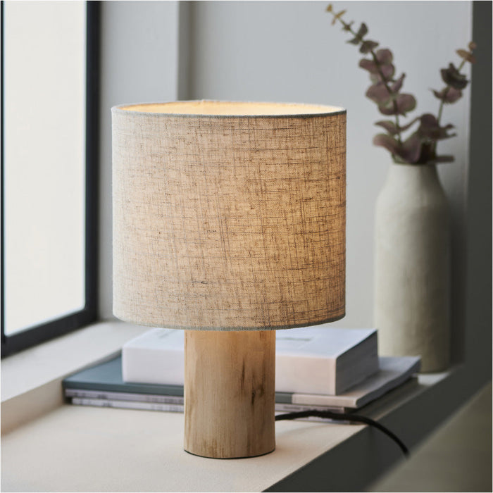 2 PACK Natural Eucalyptus Wood Table Lamp - Natural Linen Shade - 300mm Tall Light - 10W LED E27