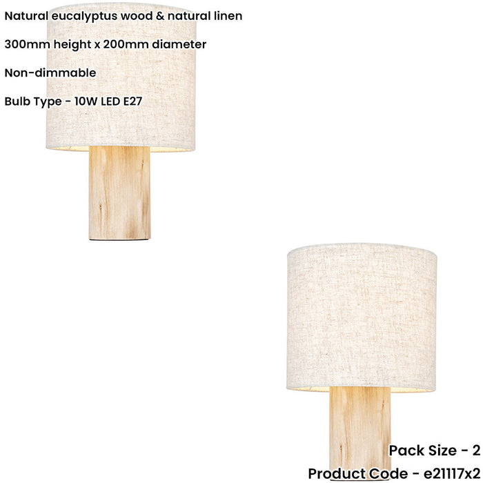 2 PACK Natural Eucalyptus Wood Table Lamp - Natural Linen Shade - 300mm Tall Light - 10W LED E27